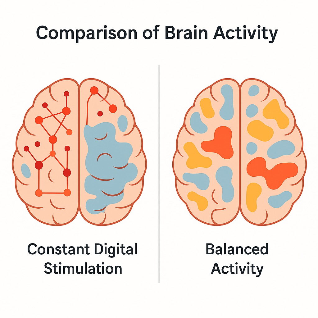 Imagem visual de dois estados cerebrais - com e sem estimulação digital constante