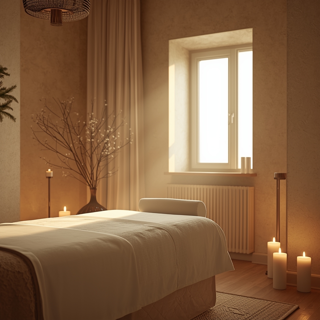 uam cama bonita de spa arrumada com velas em volta