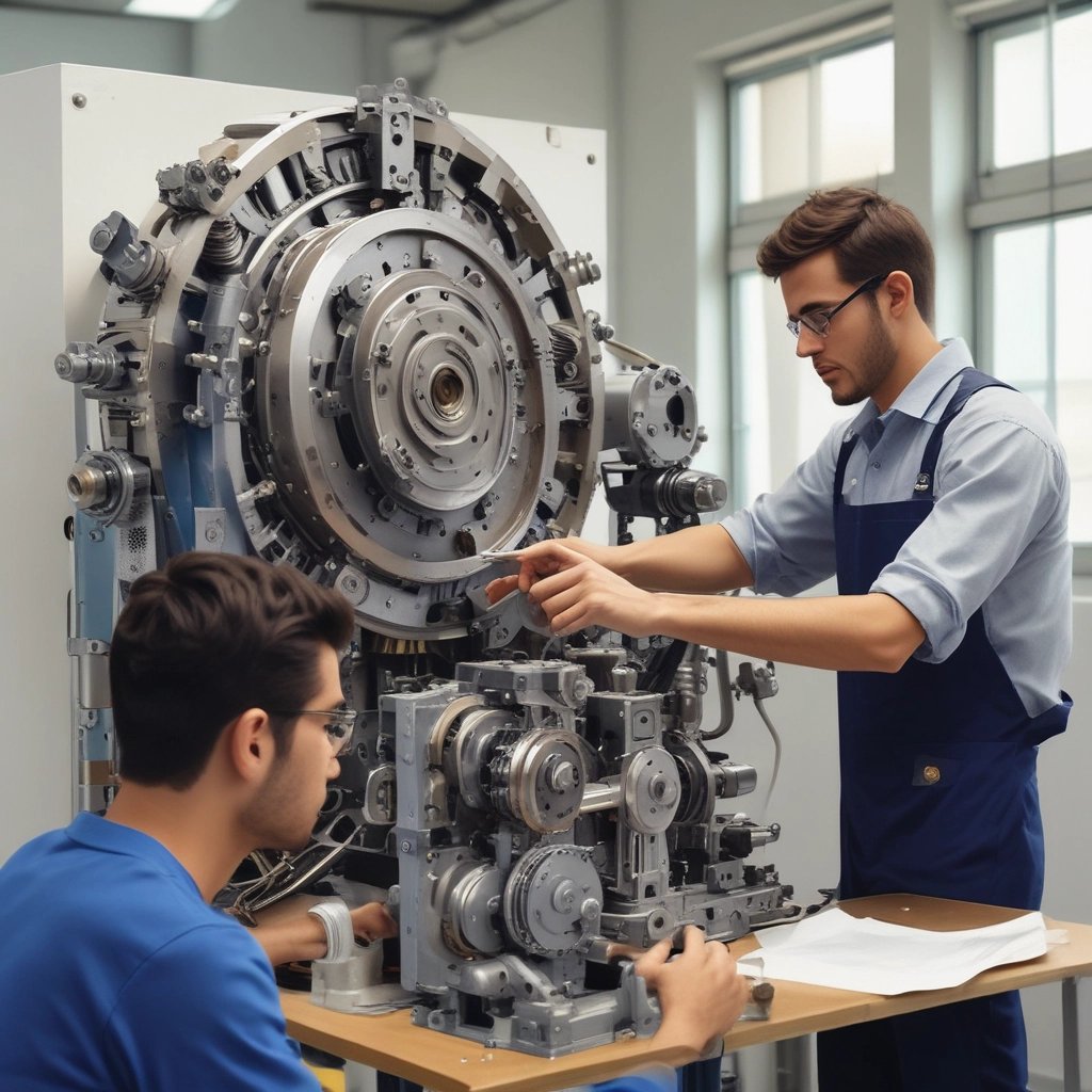 A group of engineers collaborating over technical blueprints in a modern office.