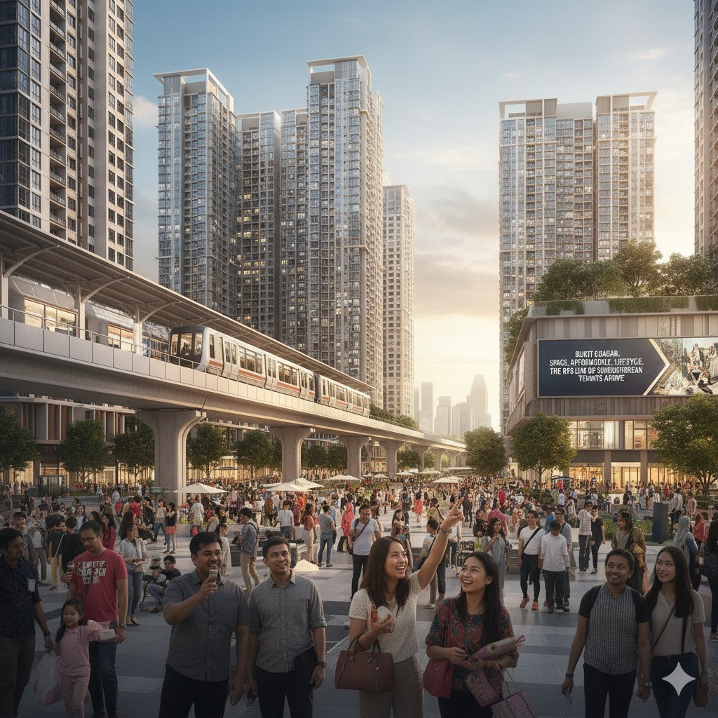 A busy urban plaza with crowds of people, modern high-rise buildings, and an elevated train on the RTS Link track