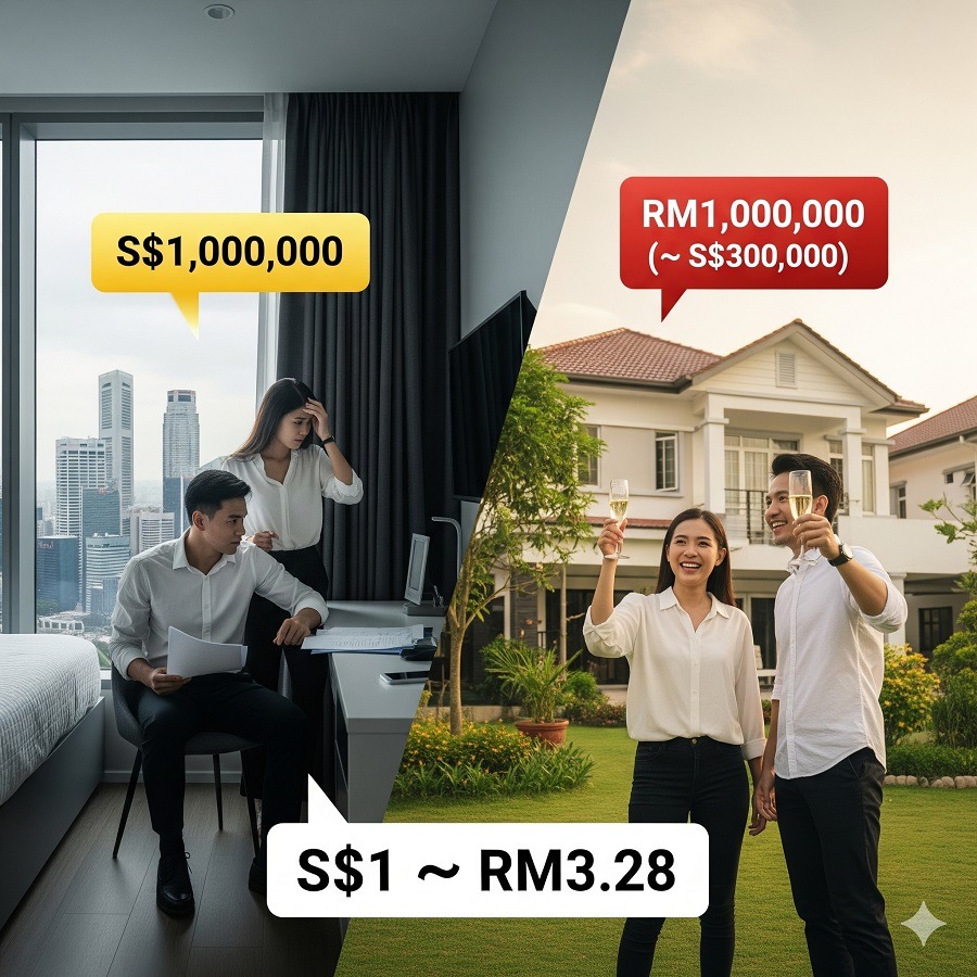 1 Singapore Dollar equals 3.28 Malaysian Ringgit, highlighting stronger buying power in Malaysia