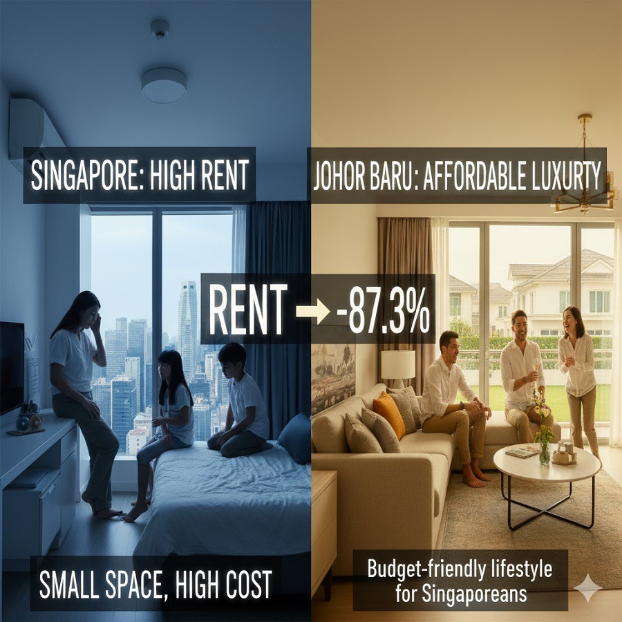 Comparison of Singapore vs. Johor Bahru rent prices, showing 87.3% lower cost in JB for a budget-friendly lifestyle.
