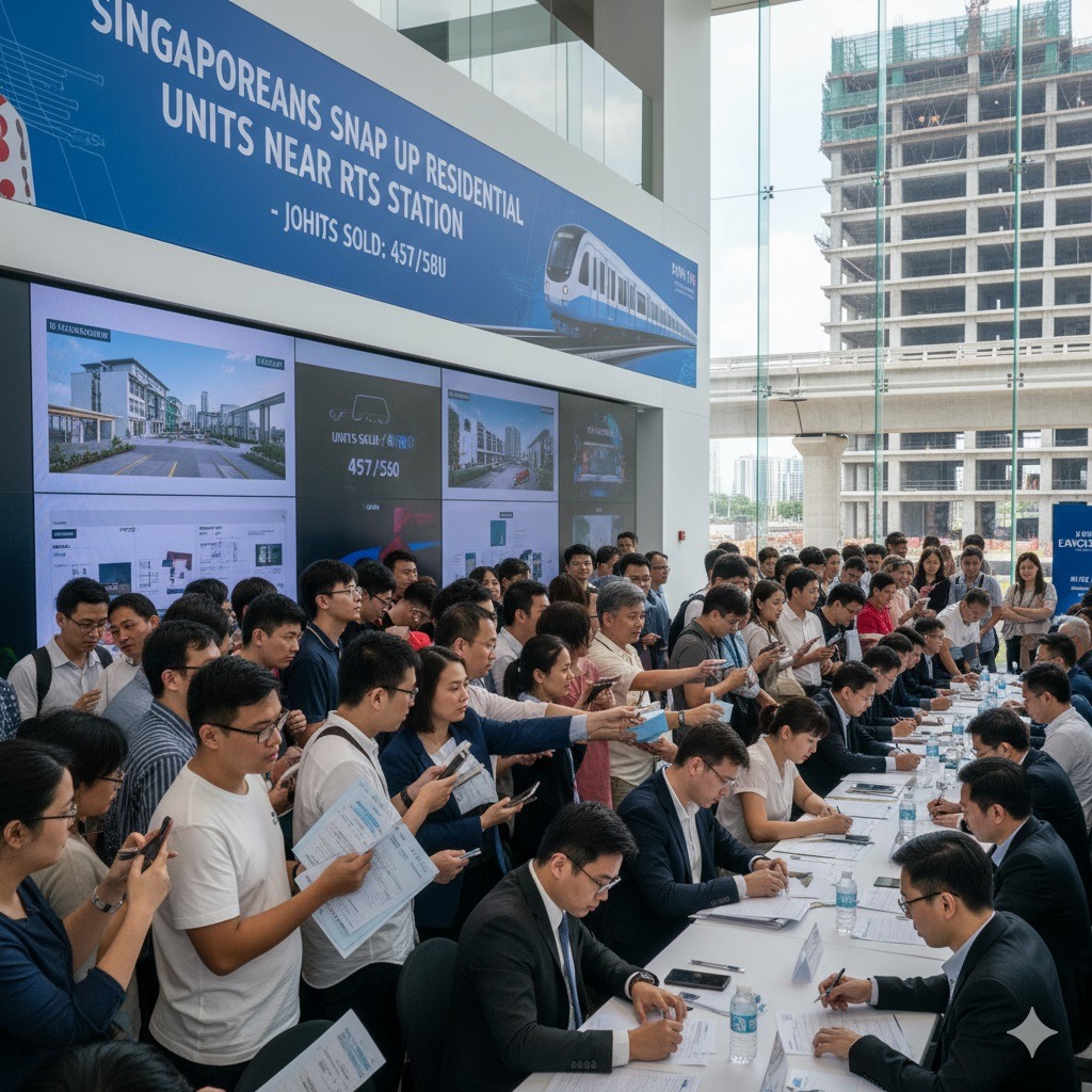 Property sales event crowded with buyers. Sign reads: 'Singaporeans Snap Up Units Near RTS Station.'