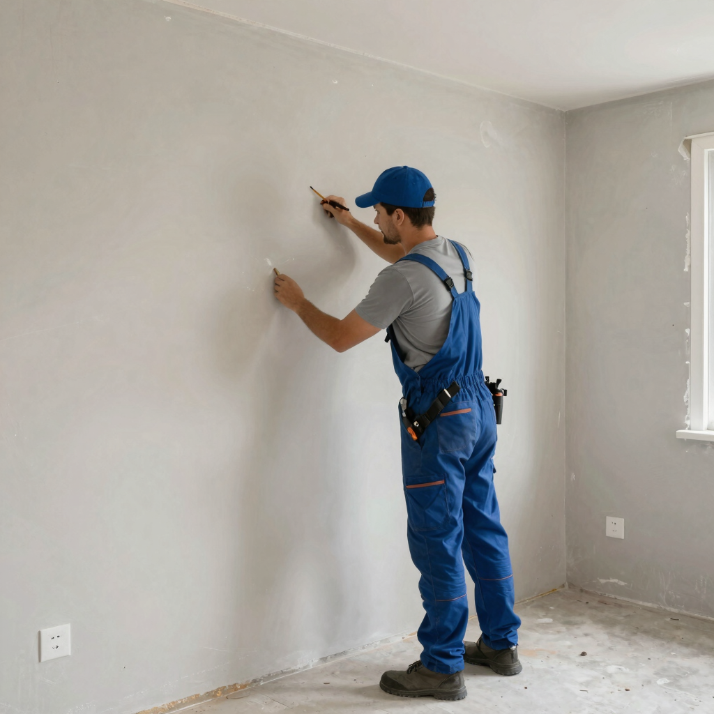 Interior contractor managing site work with team installing furniture.