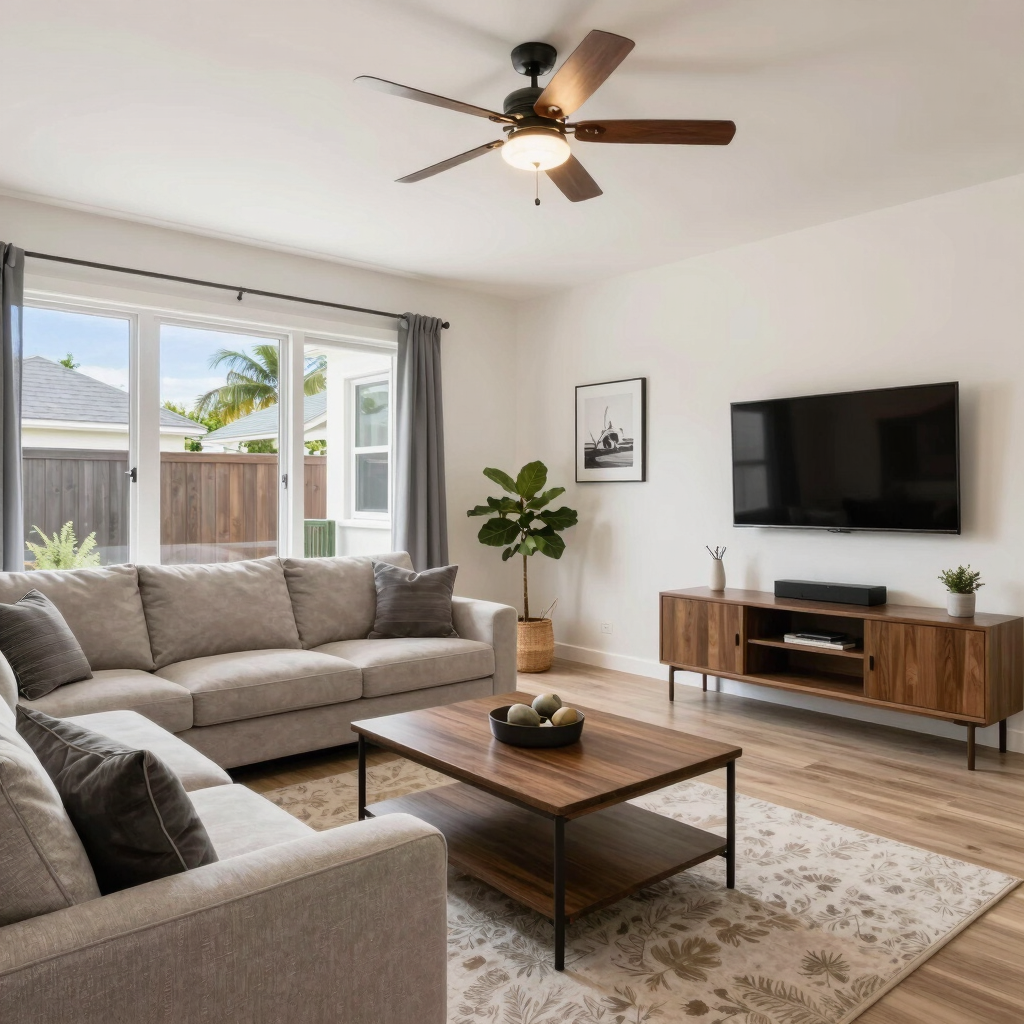 Modern living room with modular kitchen, wardrobes, and elegant ceiling design.