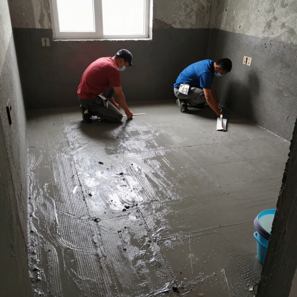 Interior contractor managing site work with team installing furniture.