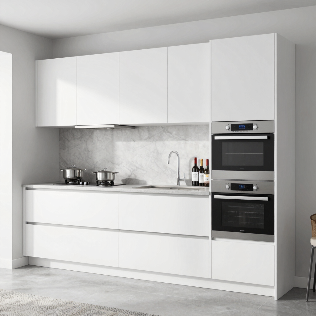Modern living room with modular kitchen, wardrobes, and elegant ceiling design.
