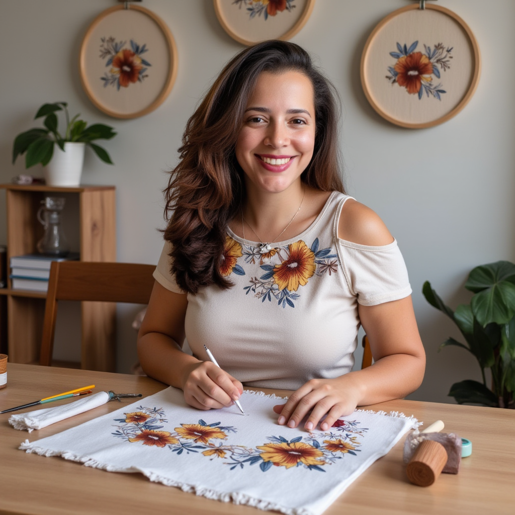Mulher sorrindo em ateliê de bordado livre, criadora do Carol Ateliê