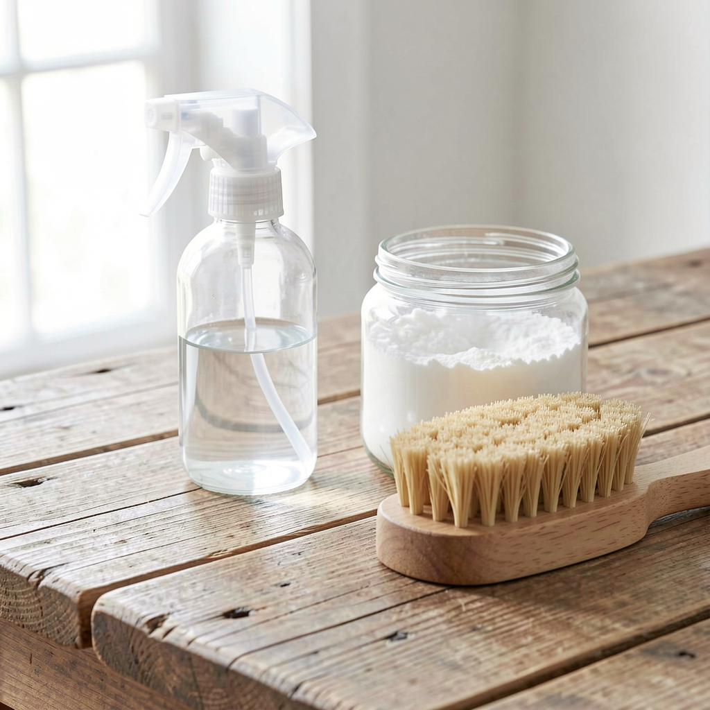 Glass spray bottle and baking soda with a wooden scrub brush for natural cleaning.