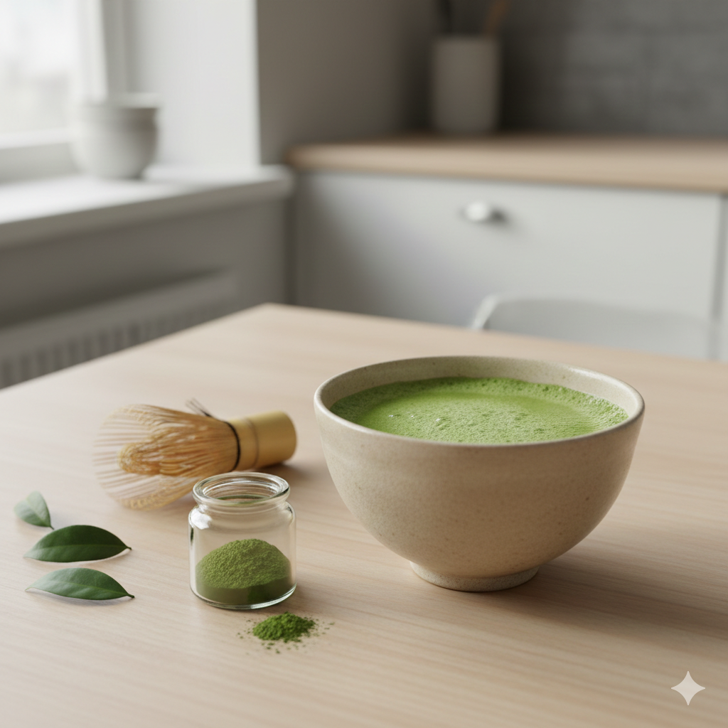 A frothy green matcha latte in a ceramic bowl next to a bamboo whisk and matcha powder on a table