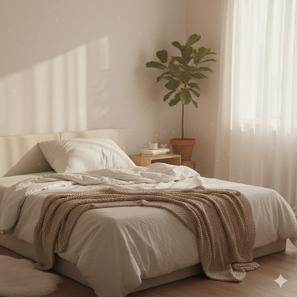 Sunlit bedroom with messy linen bedding and a potted plant in the morning.