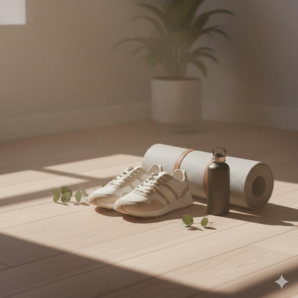 Neutral colored sneakers and a rolled-up yoga mat on a light wood floor with morning shadows.