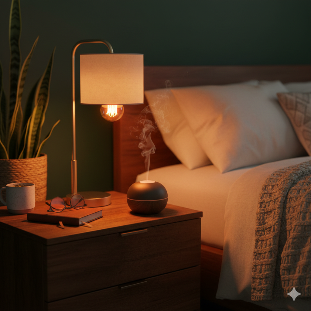 Warm amber lamp on a wooden nightstand beside a bed, creating a cozy glow with a diffuser