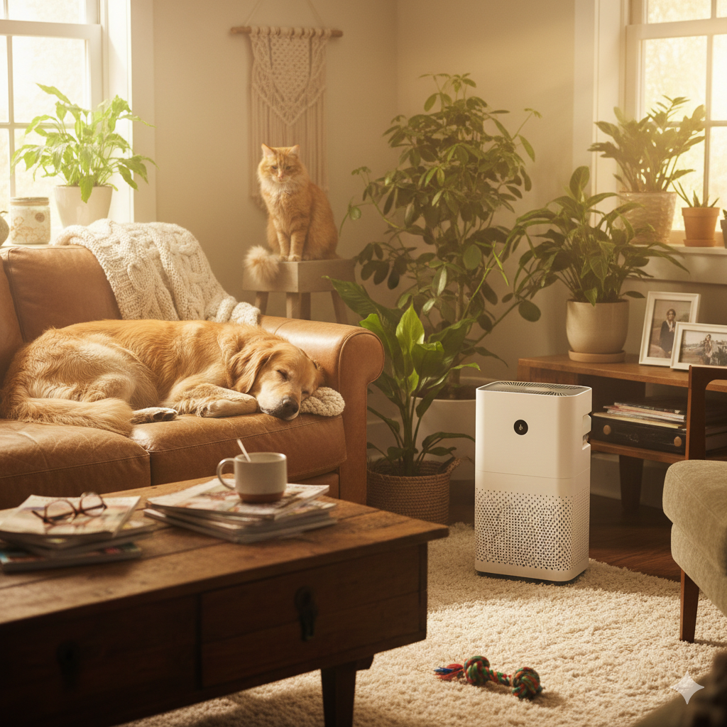 Cozy living room with pets and a modern air purifier for dander.
