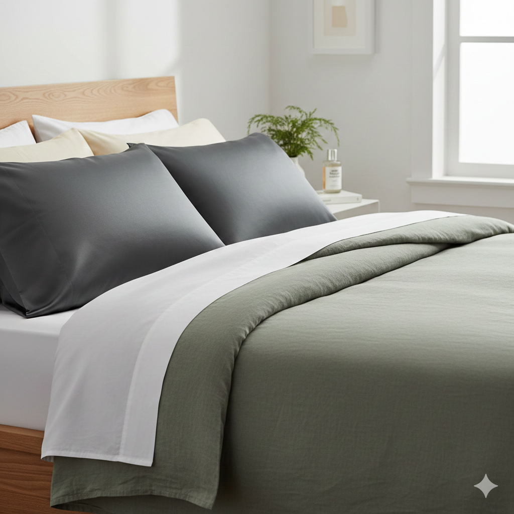 Organic cotton, linen, and mulberry silk bedding layered on a bed.