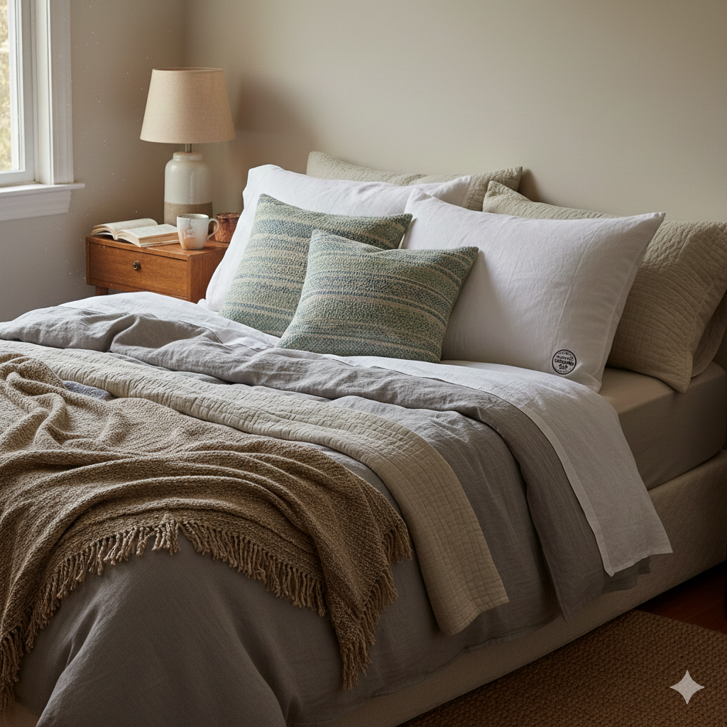 Cozy bed with layered non-toxic pillows, neutral linen bedding, and a wooden nightstand