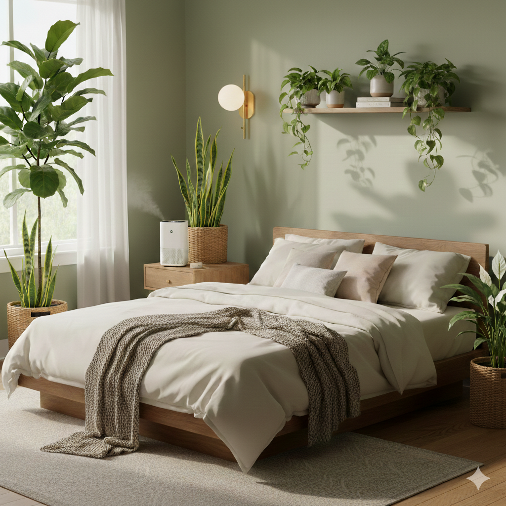 Cozy bedroom with organic bedding and air-purifying plants