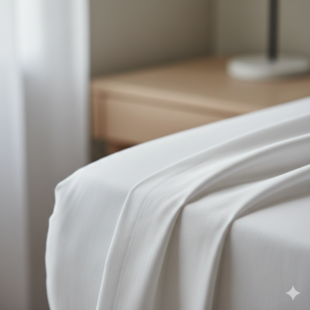 Close-up of crisp white organic cotton bedding texture.