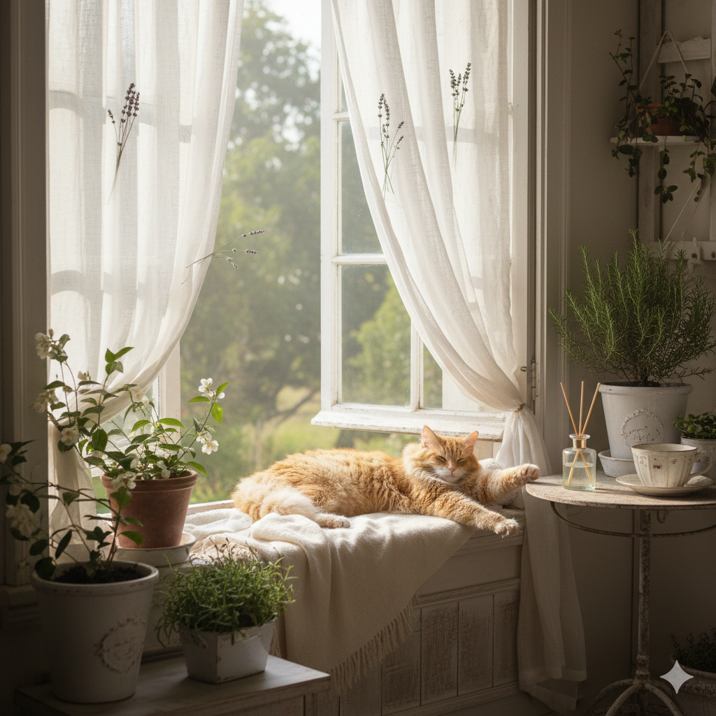 Open window with sheer curtains and a cat on a shabby chic porch for natural home air freshening