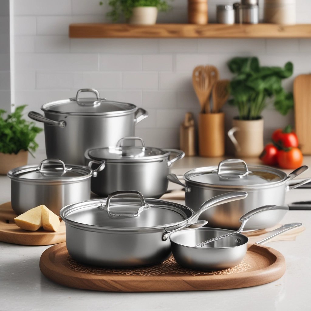 stainless steel cookware on a clean kitchen counter