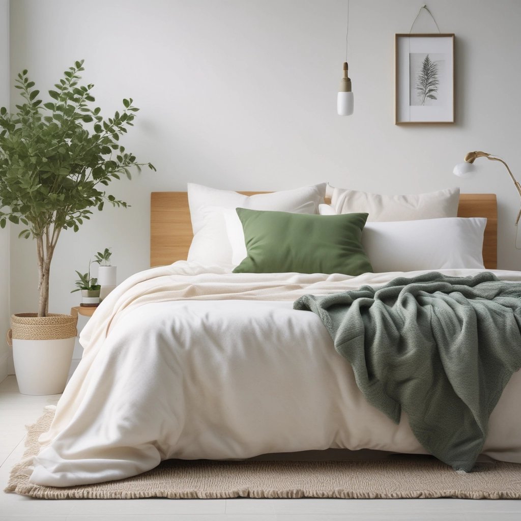 Non-toxic bedding made from organic cotton or linen on a neatly made bed in a bright, airy bedroom