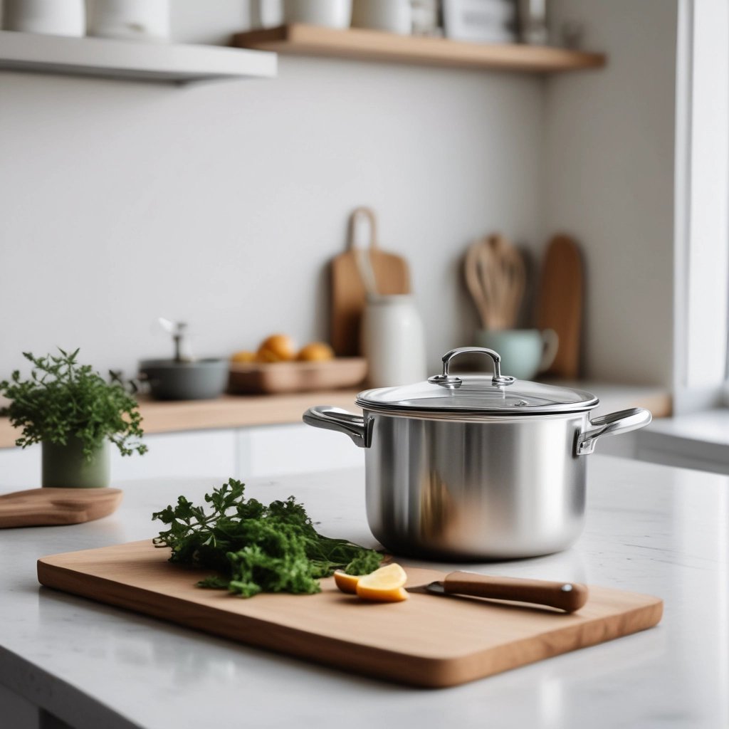 Non-toxic kitchen swaps 2026: stainless steel pot and wooden cutting board