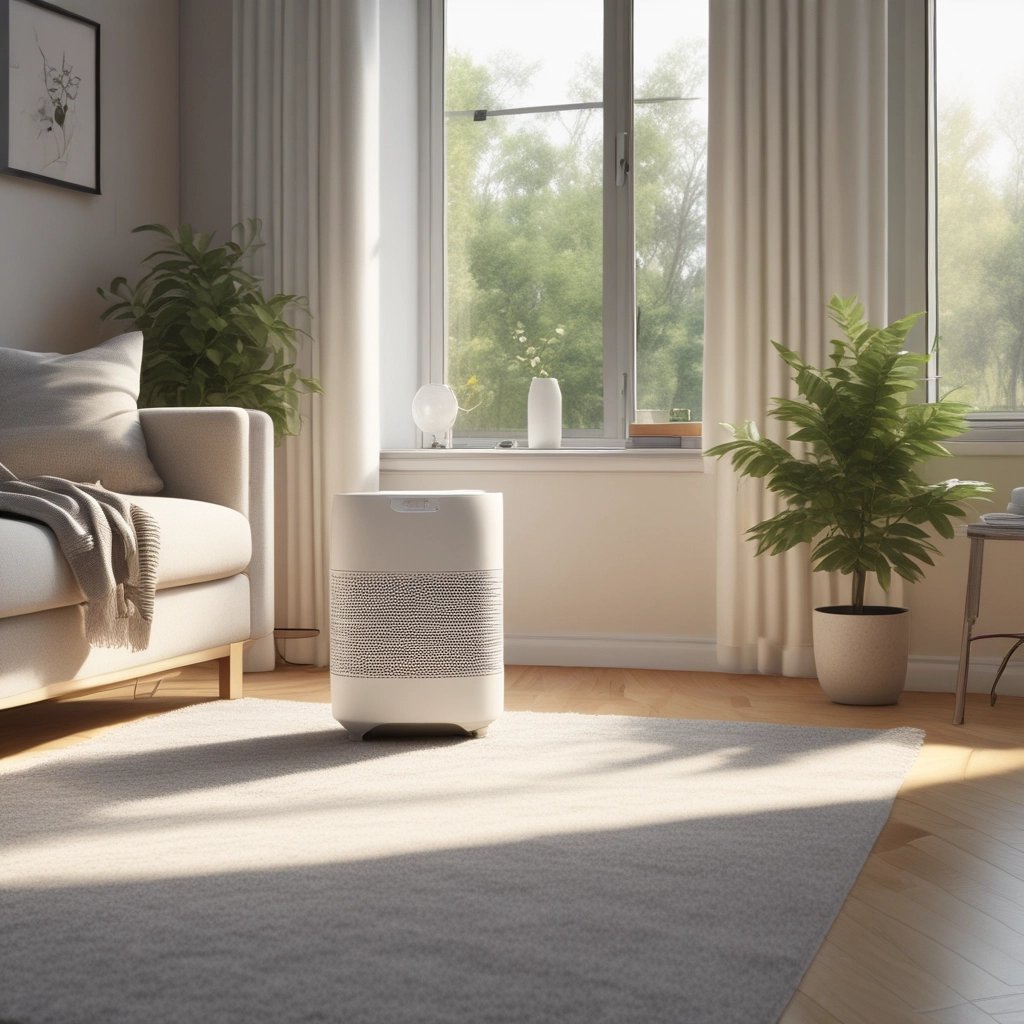 Modern aesthetic living room with warm sunlight and a sleek air purifier for a non-toxic home enviro