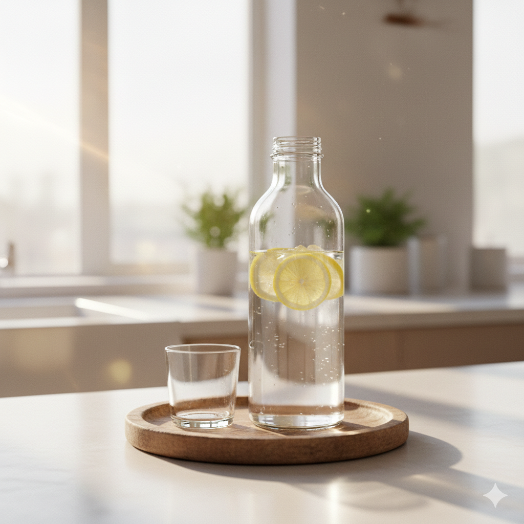 Glass water bottle with lemon slices on a wooden tray in a sunlit kitchen