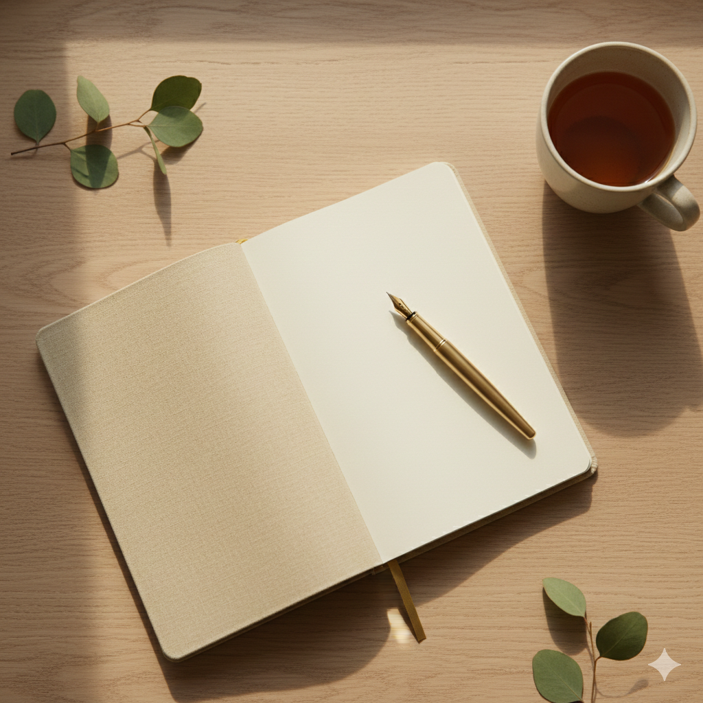 Journal, pen, and cup of tea on a table, perfect for mindful wellness and self-care routines.