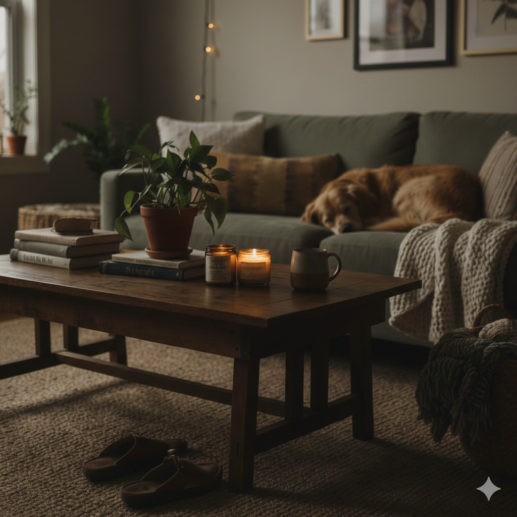 Cozy living room at night with beeswax candles on a wooden coffee table.