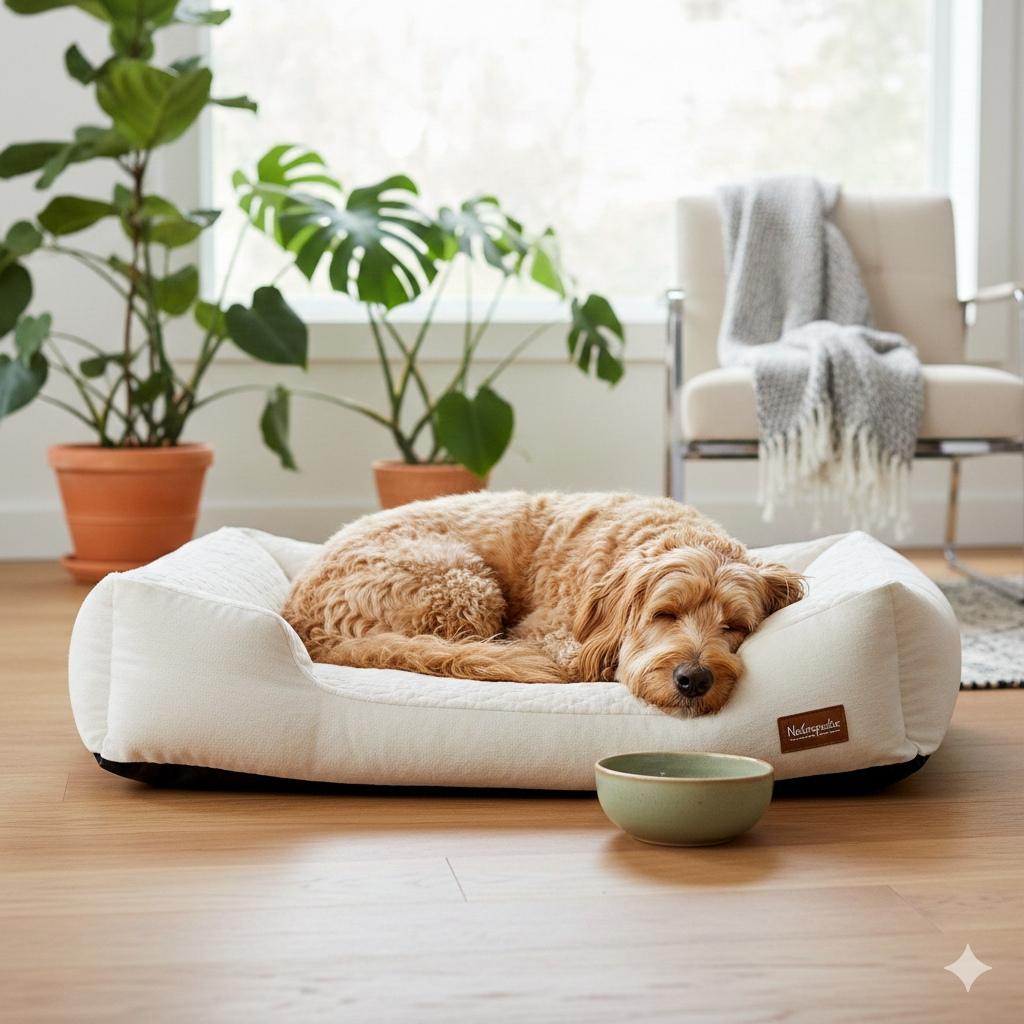 Golden doodle sleeping in a non-toxic organic cotton pet bed