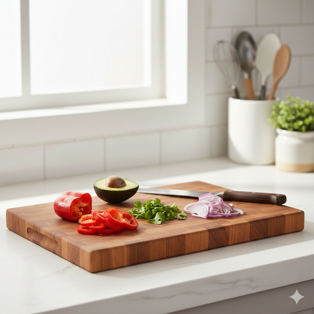 Solid wooden cutting board, affordable non-toxic swap for plastic in a beginner-friendly kitchen.