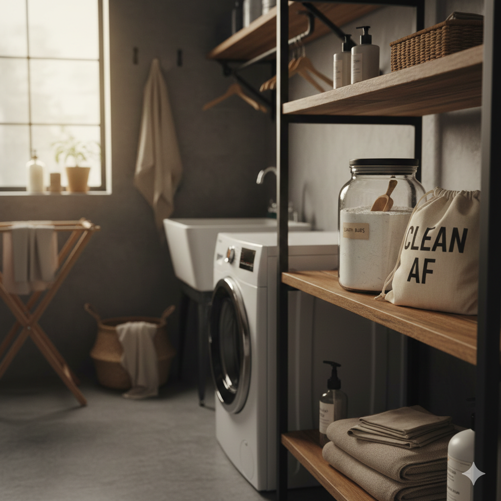 Lived-in laundry room with non-toxic detergent in a glass jar and a Clean AF bag