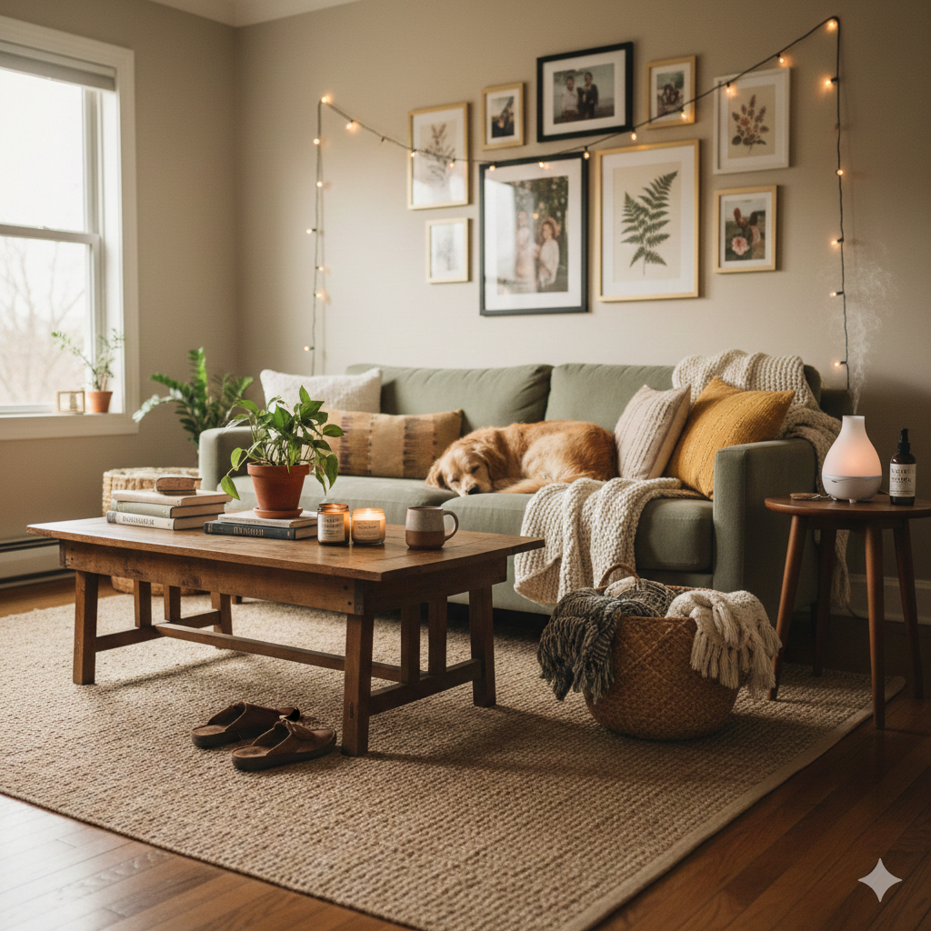 Lived-in non-toxic living room with green sofa and essential oil diffuser.