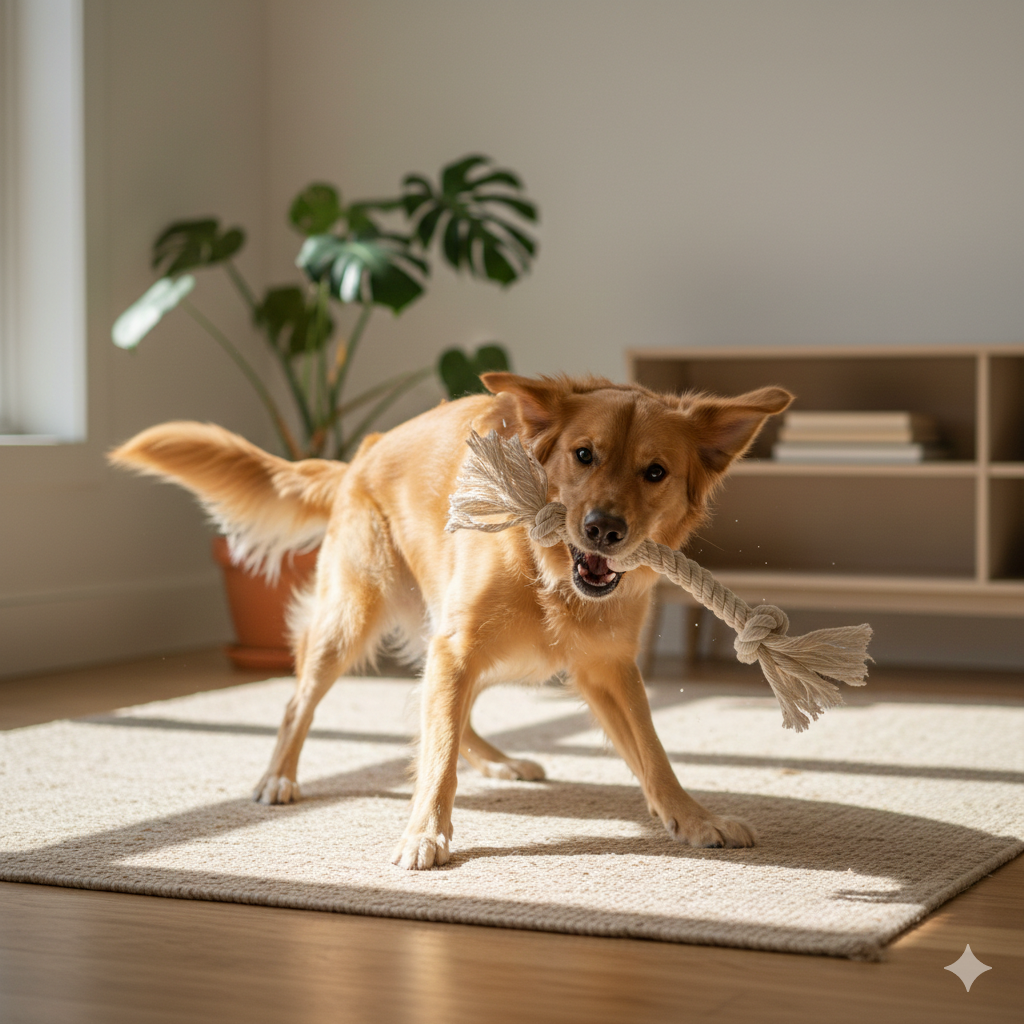Dog playing with organic cotton toy