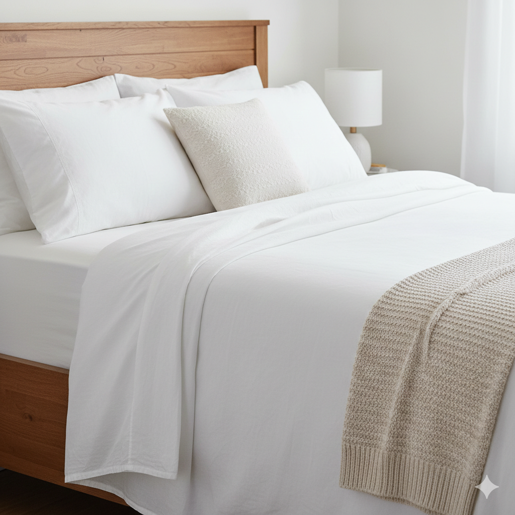 A bed featuring 100% organic cotton sheets for a non-toxic night's rest.