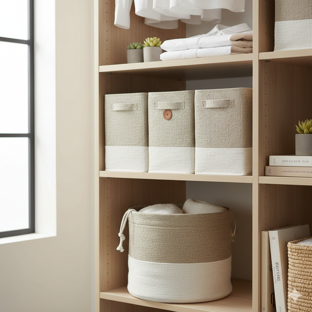 Set of organic linen storage bins on a wooden shelf in a bright, organized closet