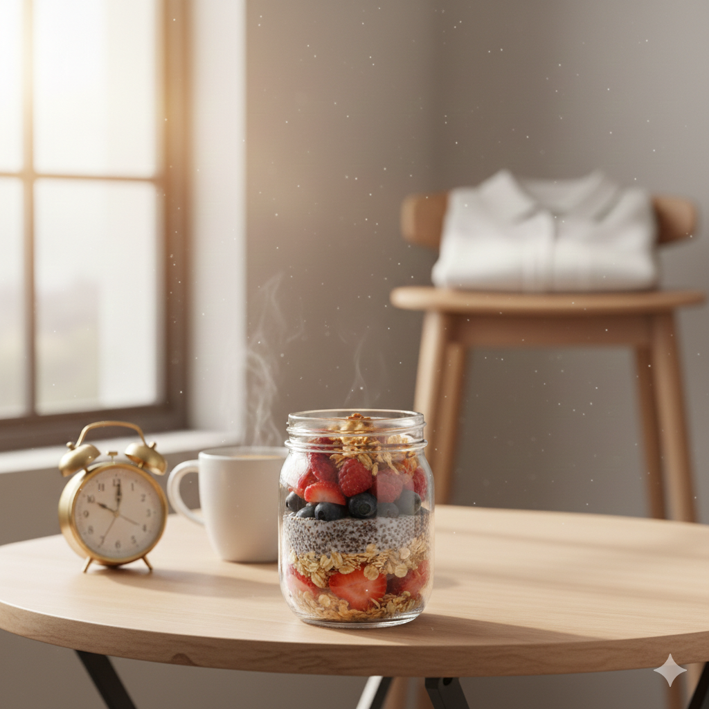 A glass jar of fruit and overnight oats next to a cup of tea.