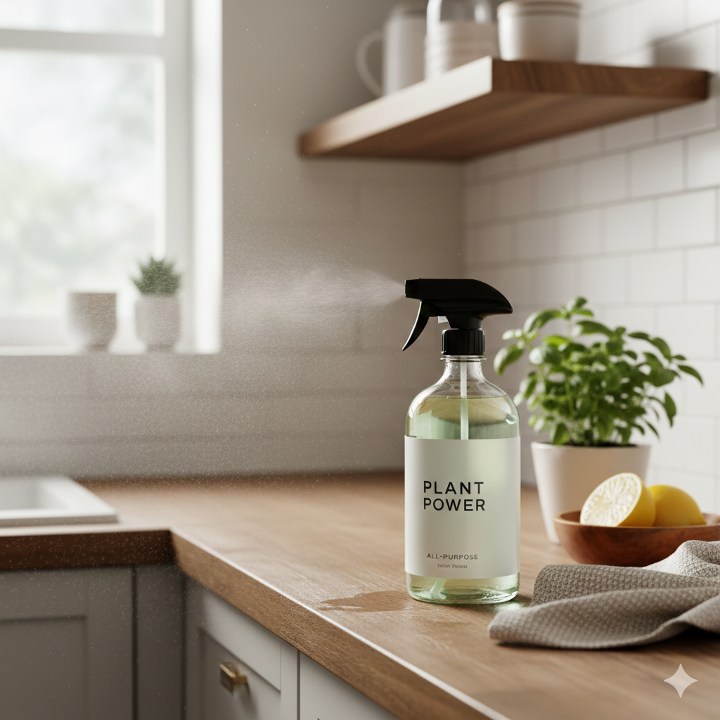 A glass spray bottle of plant-based all-purpose cleaner on a wooden kitchen counter