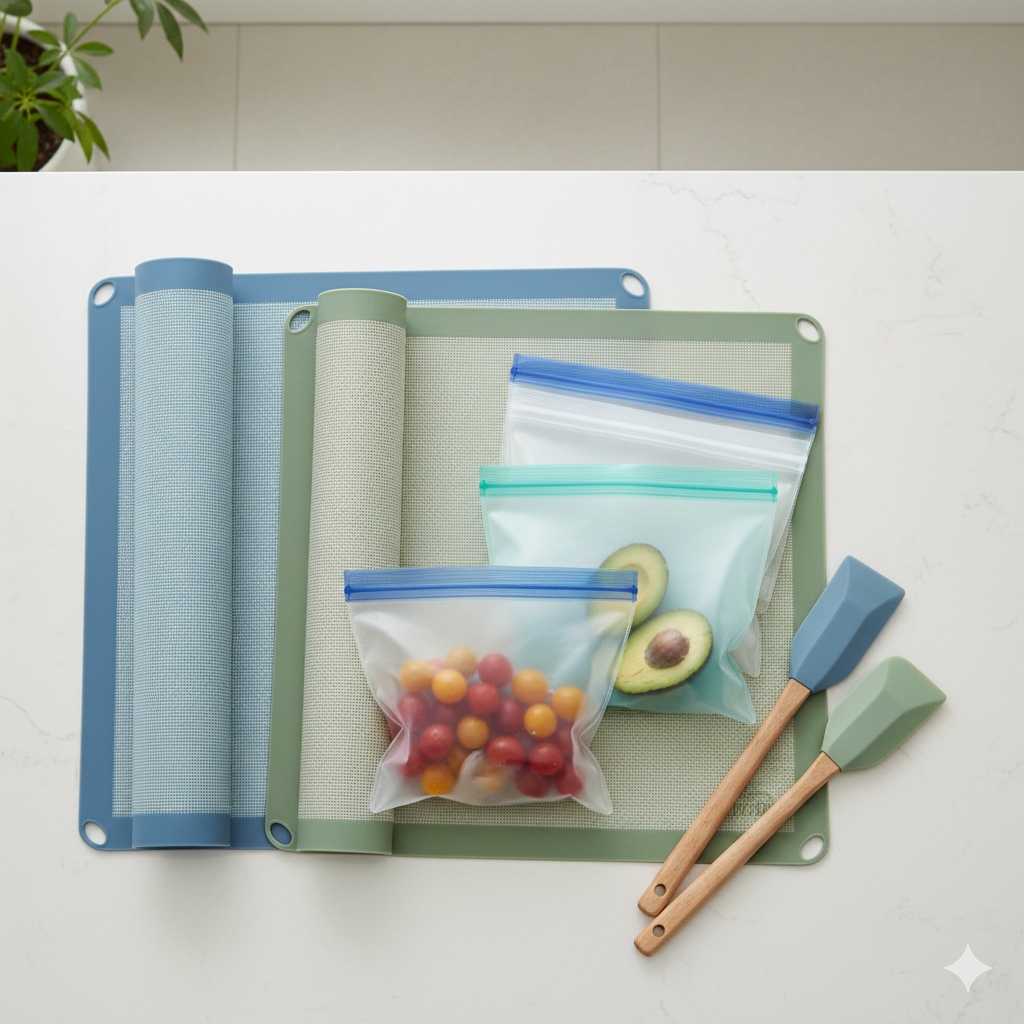Non-toxic silicone baking mats and reusable BPA-free food storage bags for safer, toxin-free kitchen