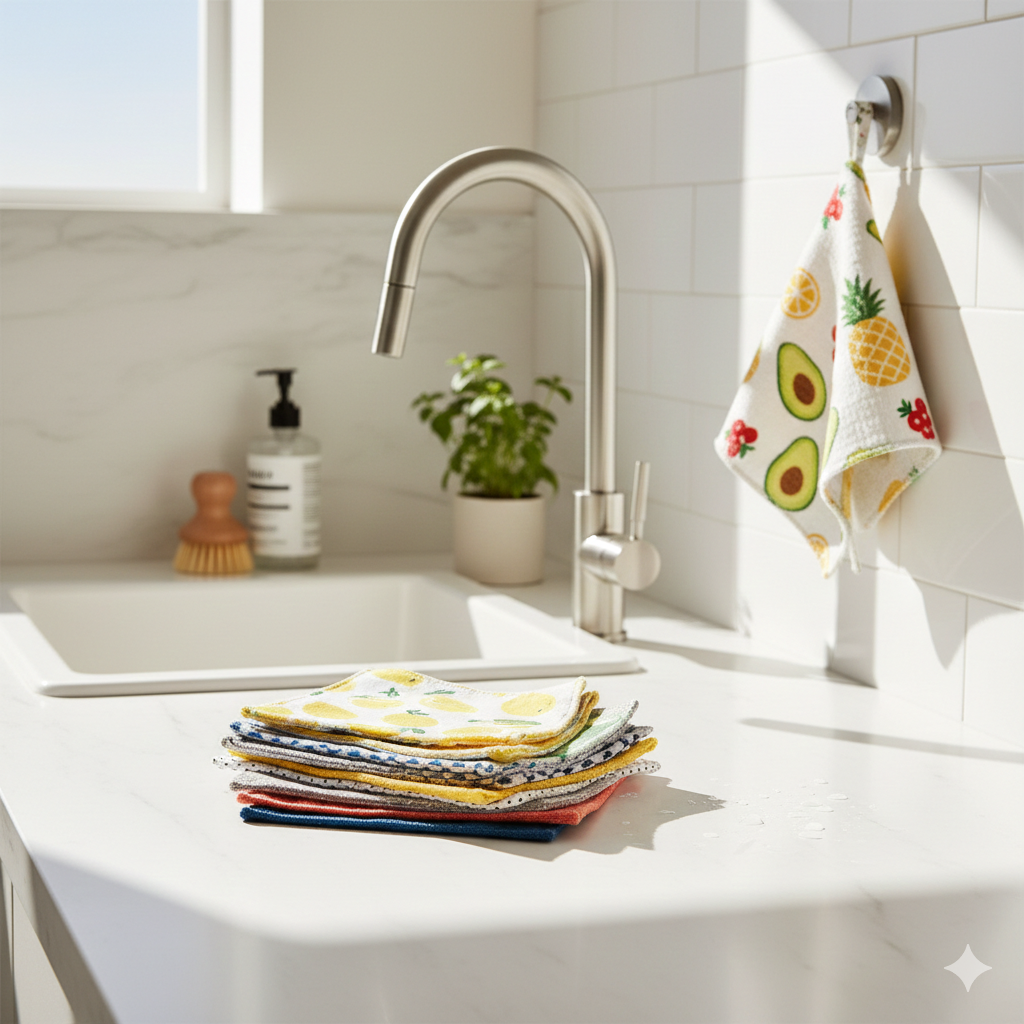 Reusable Swedish dishcloths 6-pack for non-toxic kitchen cleaning on marble counter.