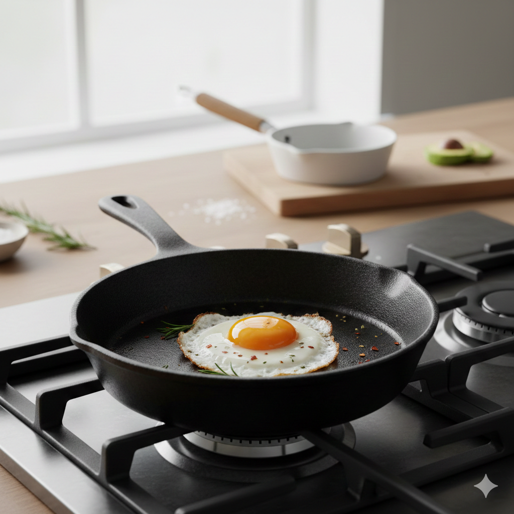 Non-toxic cast iron skillet on stovetop, safe swap for nonstick cookware