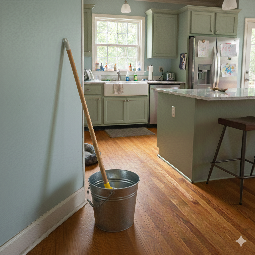 A mop in a metal bucket on a hardwood kitchen floor.