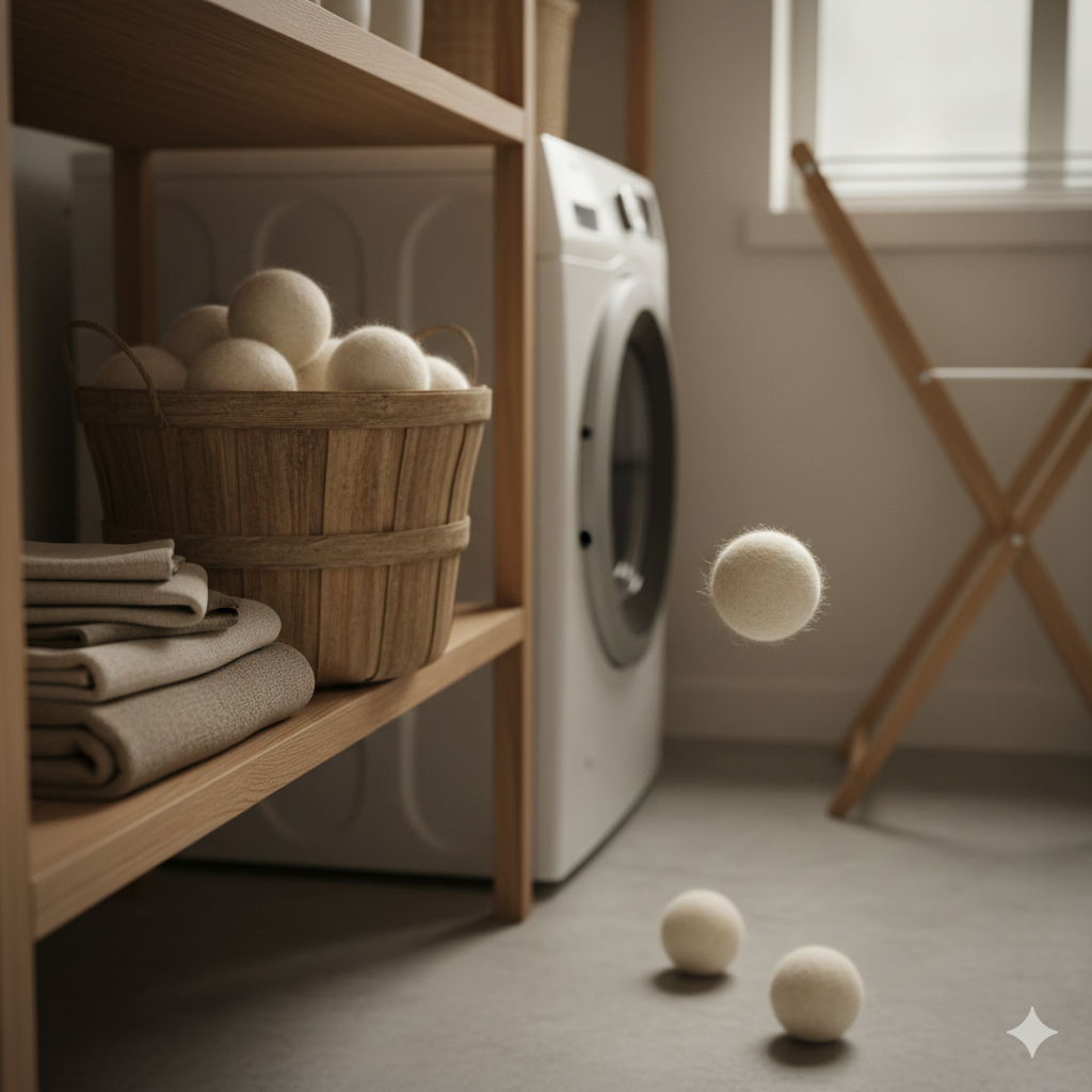 Wool dryer balls in a laundry room as a non-toxic fabric softener alternative.