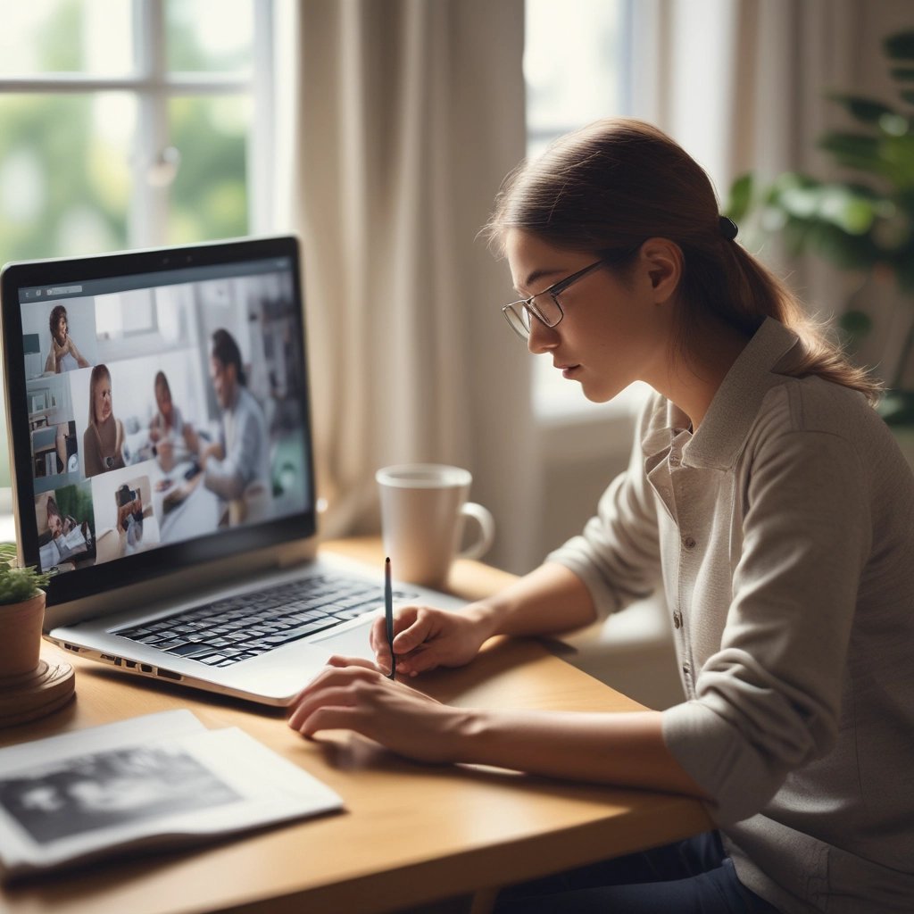 Young woman student in glasses attending a virtual online class on her laptop while taking notes.