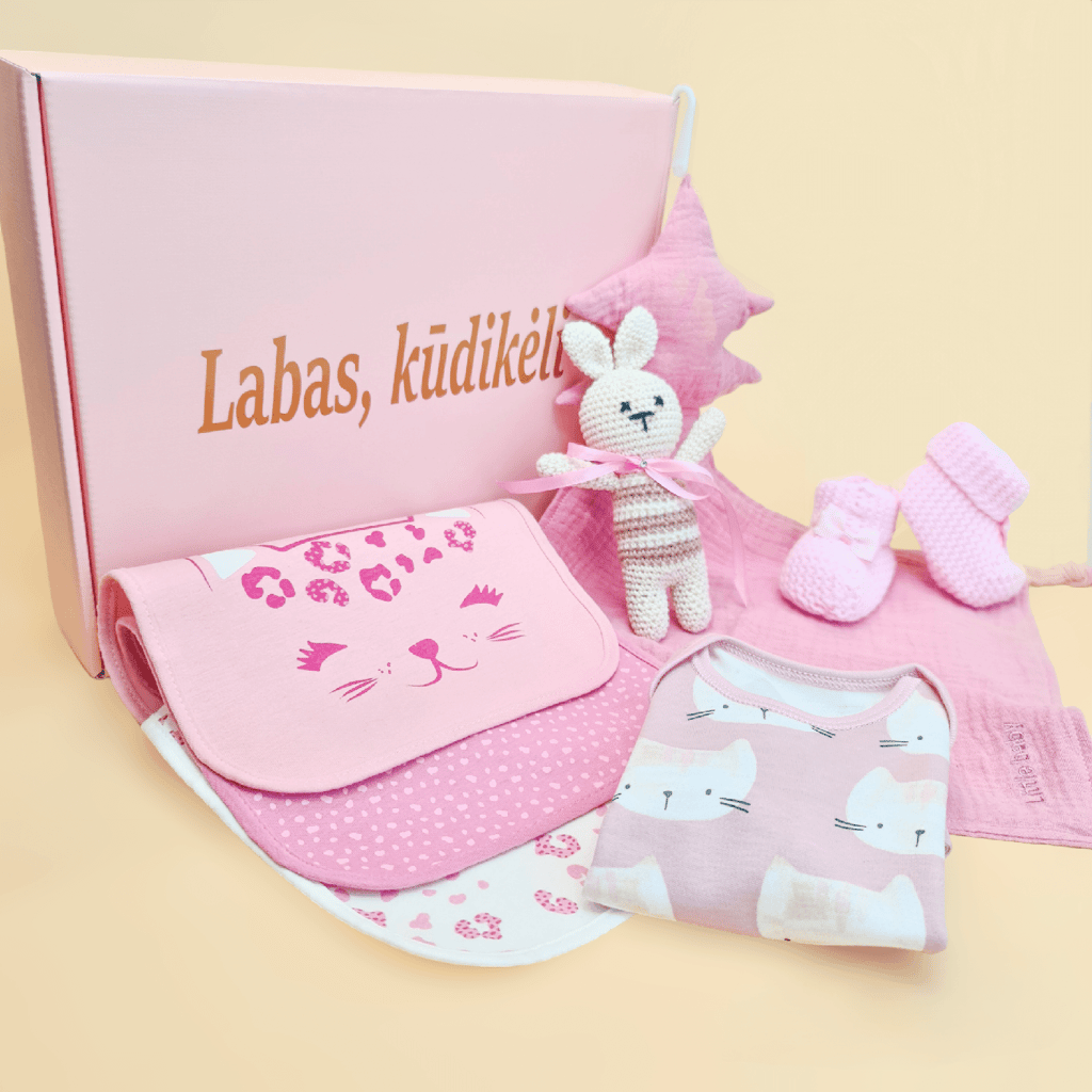 Labas kųdikėli dovanų rinkinys su rankų darbo zuikiu, seilinukasi, rožiniu migduku ir bodžiuku