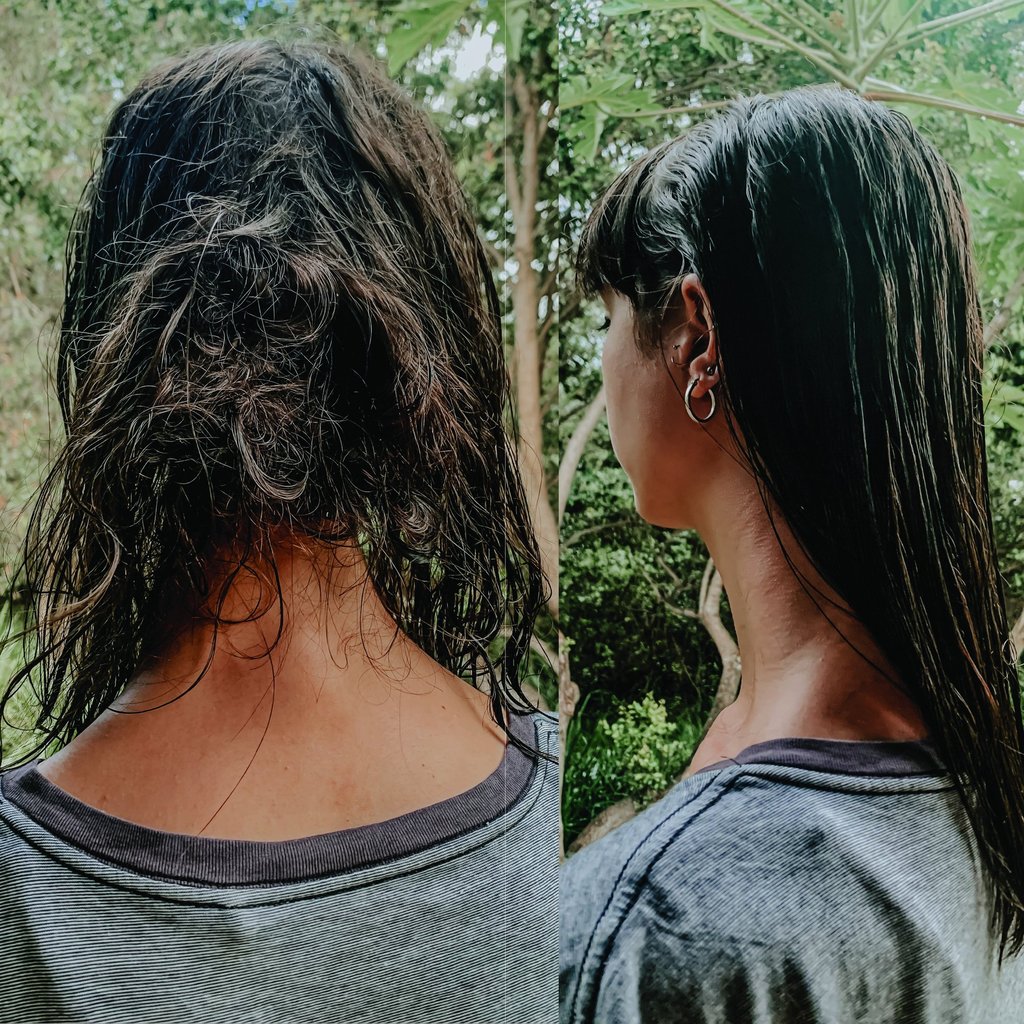 two women who are standing in front of a tree with bad hair knots and with her knots removed