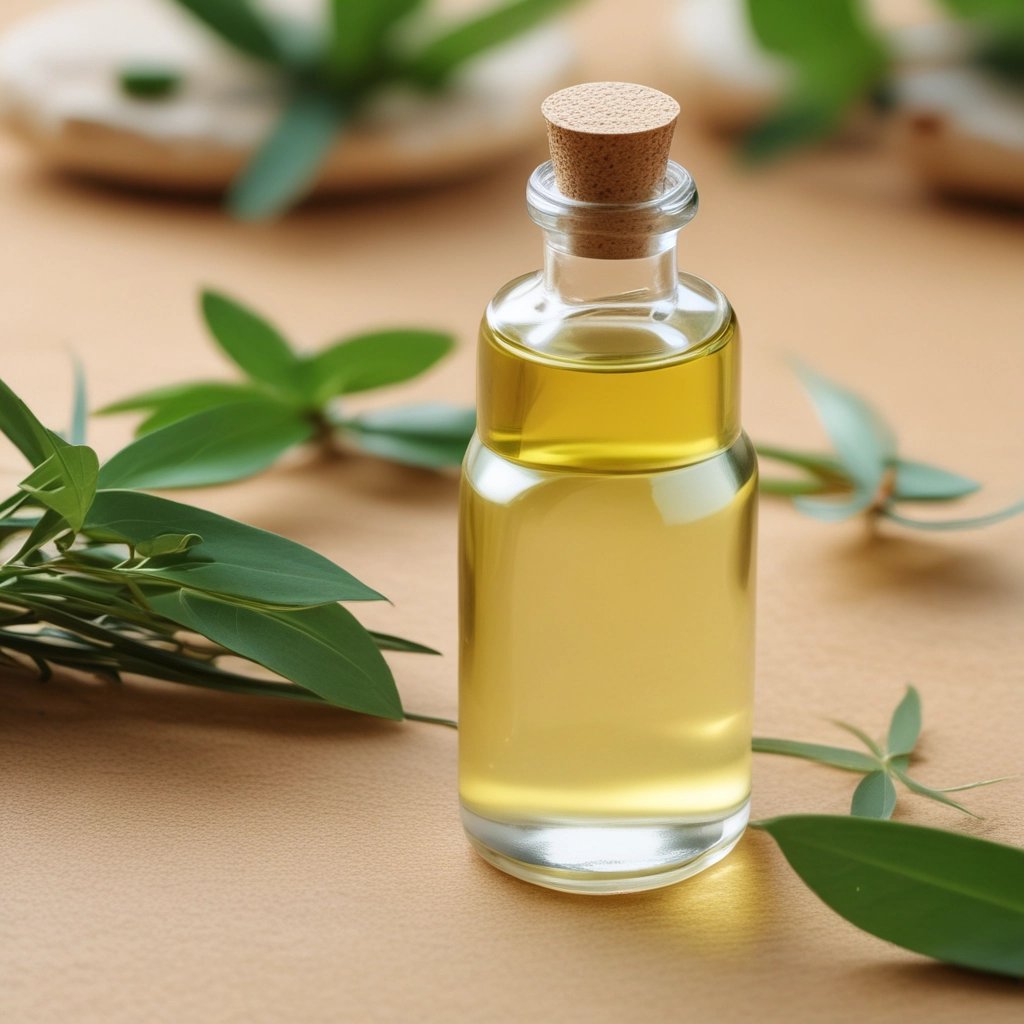 Two orange cosmetic products labeled 'Bioglow' are placed on a white, slightly wrinkled fabric with fresh green leaves and a white tulip resting beside them. The packaging is vibrant and stands out against the soft background.