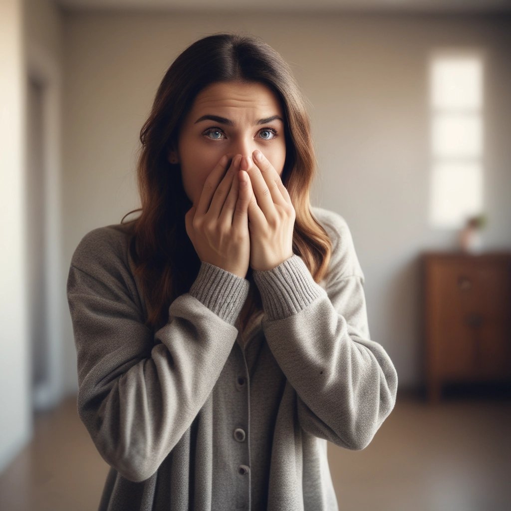 a woman with a surprised look on her face