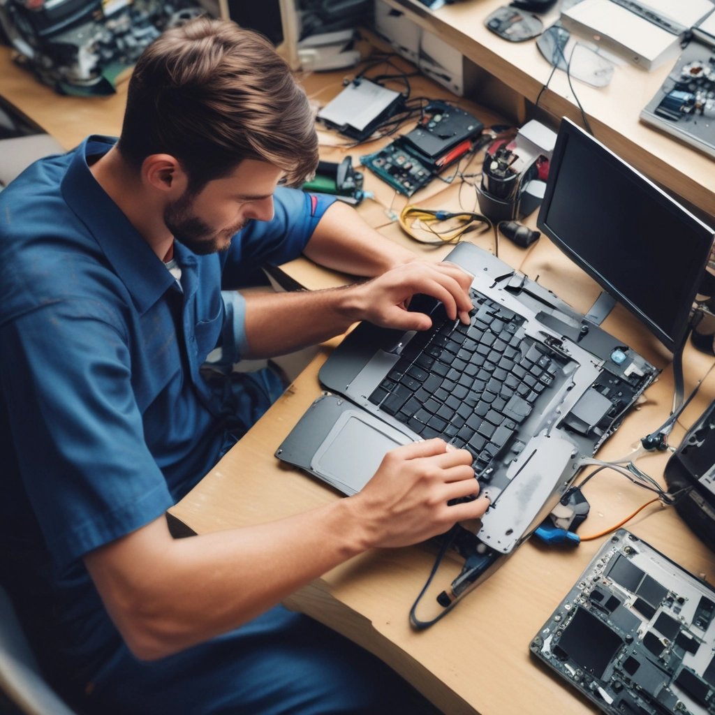 A car service or repair garage is depicted, with a vehicle hoisted on a lift. A laptop is placed on a nearby workstation with an open drawer filled with tools. The environment features tiled walls and floor, and equipment such as a tire changer and a balancing machine. Fluorescent lighting provides illumination.